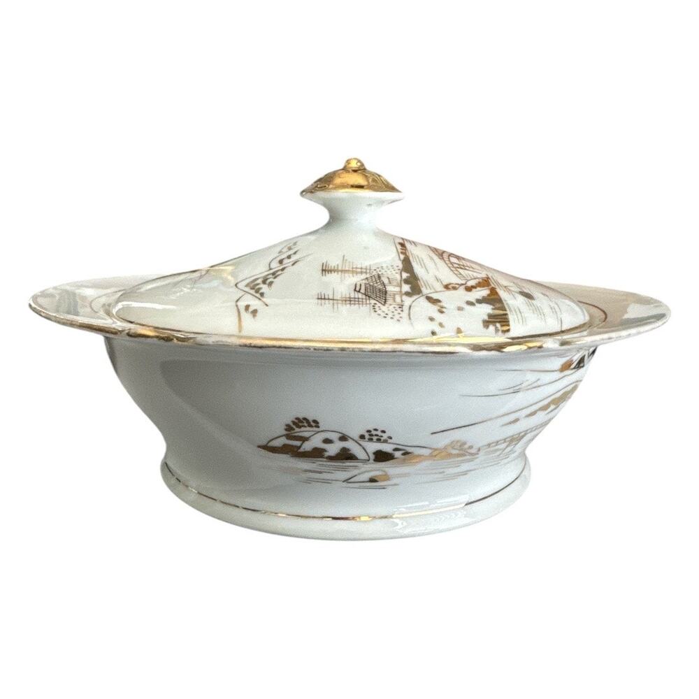 Japanese Kutani Serving Bowl with Lid White Gold - Picture 4 of 10